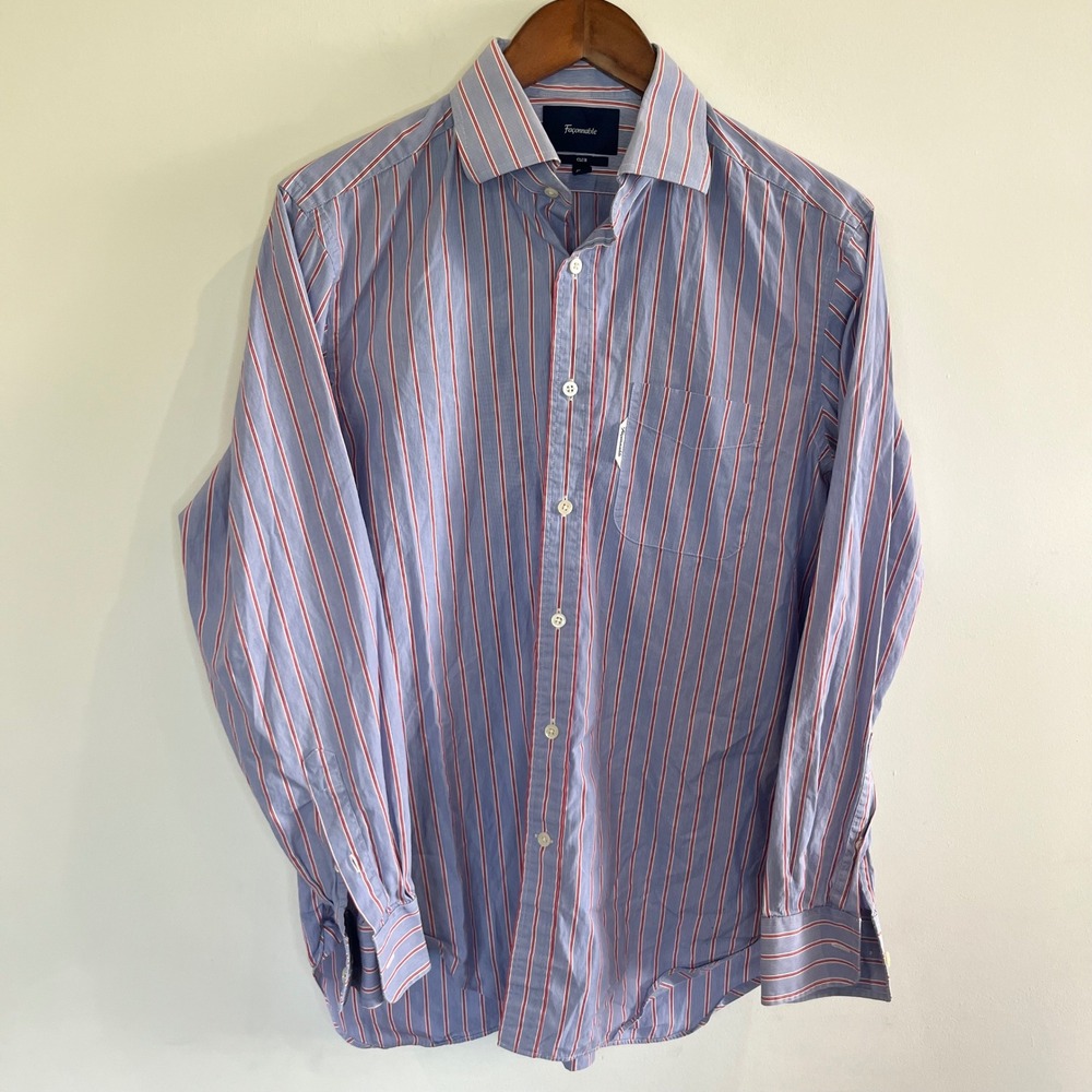 Faconnable Club Mens Blue Red Striped Button Down Shirt Size 40 Long Sleeve